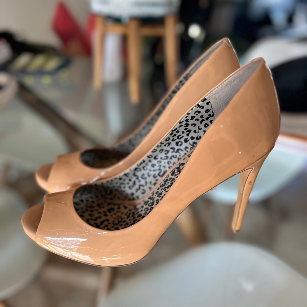 Nude patent leather open toe heels